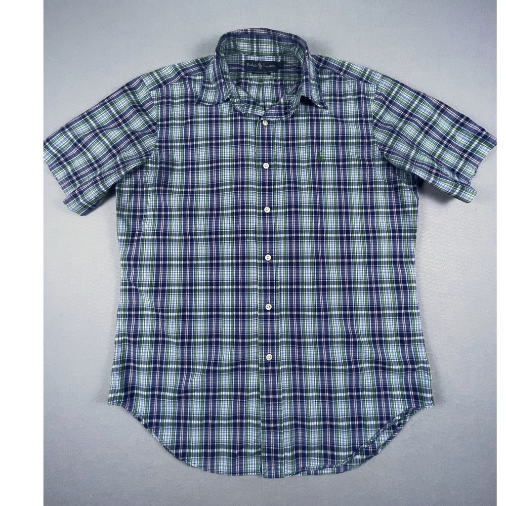 Ralph Lauren Shirt Mens M Blue Green‎ Plaid Classic Fit Short Sleeve Button Down